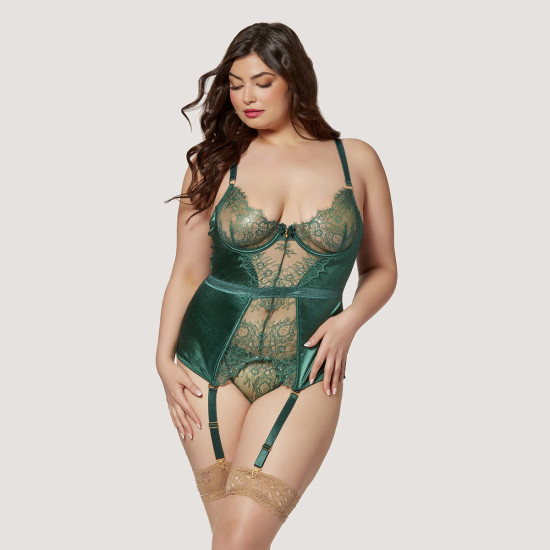 Eyelash Lace & Shining Satin Bustier in Emerald - Plus Size