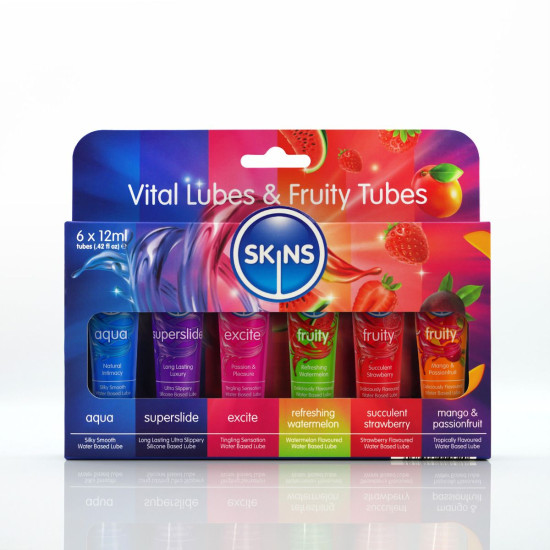 SKINS 12ML SAMPLER TUBES - VITAL & FRUITY LUBES 6 PACK