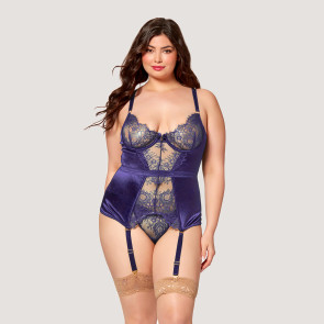 Eyelash Lace & Shining Satin Bustier in Indigo - Plus Size