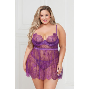 Eyelash Lace Babydoll And Panty Set - Plus Size