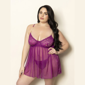 Lace & Mesh Babydoll Set with Pearl Embellishments - Plus Size