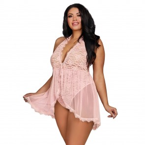 Dreamgirl Pink Halter Plunge Lace Teddy with Flyaway Skirt - Plus Size